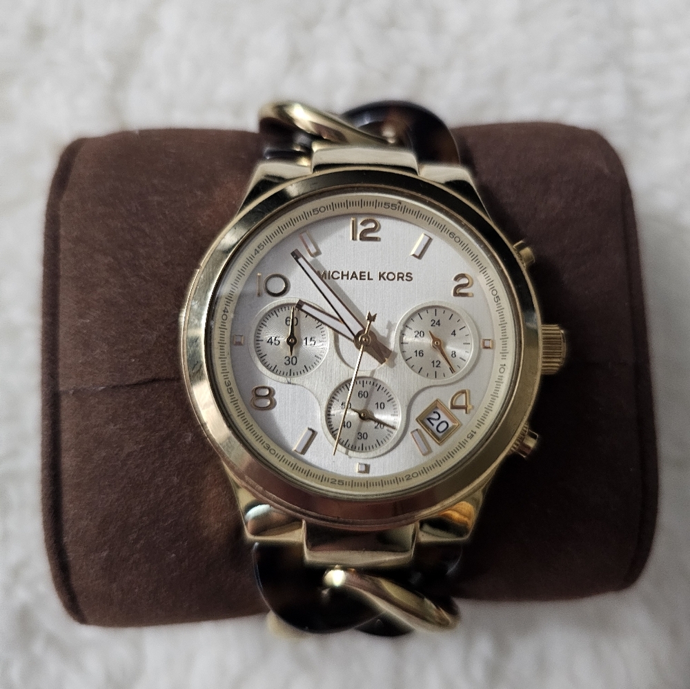 Michael Kors Gold and Brown Chronograph Watch With Tortoise Band